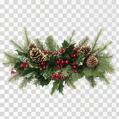 christmas greenery arrangment in horizontal orientation, have pine cones and holly berries, add ribbon in the center, white background