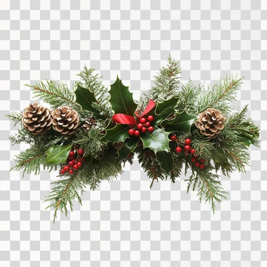 christmas greenery arrangment in horizontal orientation, have pine cones and holly berries, add ribbon in the center, white background