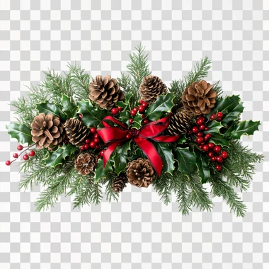 christmas greenery arrangment in horizontal orientation, have pine cones and holly berries, add ribbon in the center, white background