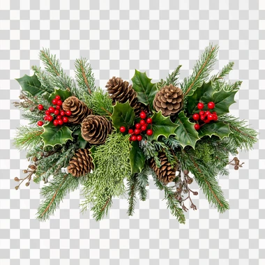 christmas greenery arrangment in horizontal orientation, have pine cones and holly berries, add ribbon in the center, white background