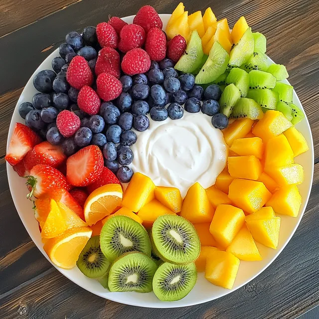 Fresh Fruit Platter with Honey Yogurt Dip on Rustic Wooden Table
