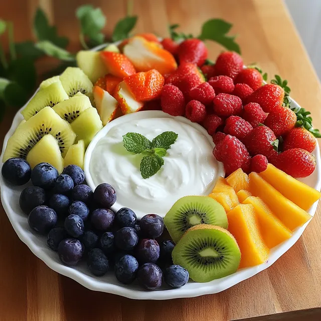 Fresh Fruit Platter with Honey Yogurt Dip on Kitchen Table