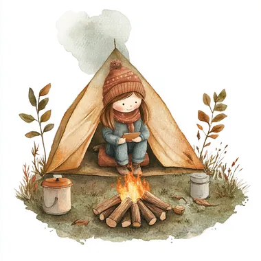 glamper sitting around bonfire isolated on white background. real watercolor hand-painted style. simple. kids like. soft and light.