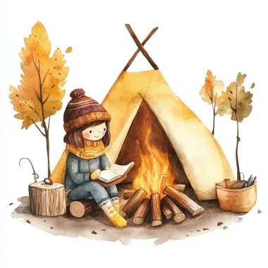 glamper sitting around bonfire isolated on white background. real watercolor hand-painted style. simple. kids like. soft and light.