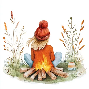 glamper sitting around bonfire isolated on white background. real watercolor hand-painted style. simple. kids like. soft and light.