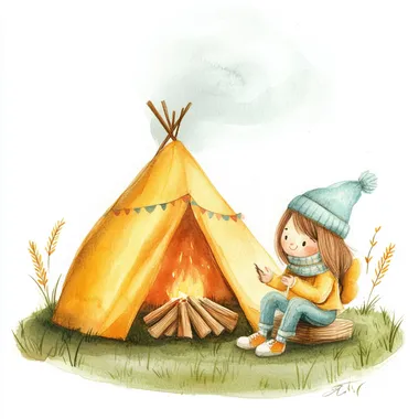 glamper sitting around bonfire isolated on white background. real watercolor hand-painted style. simple. kids like. soft and light.
