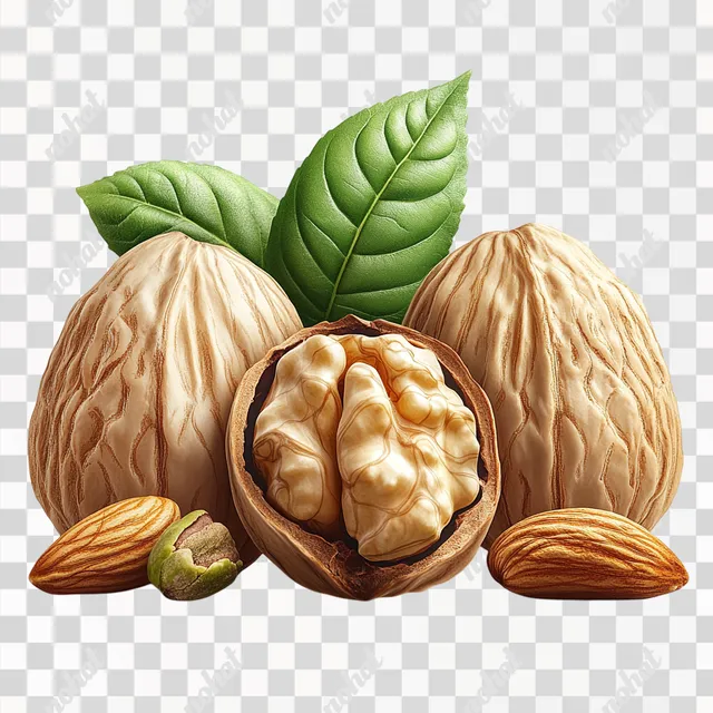 PNG Walnuts with Leaves and Almonds, Pistachios on Transparent Background