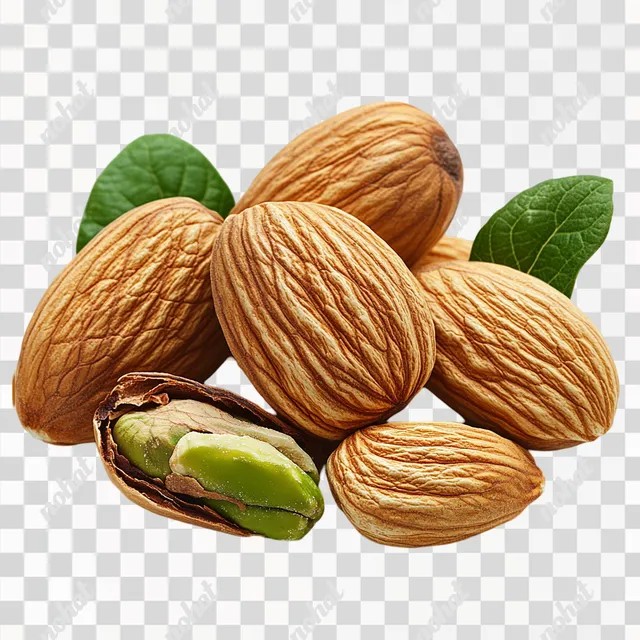 PNG Almonds, Pistachios, and Walnuts with Leaves on White Surface Logo