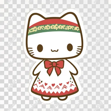 A cute sticker of **Hello Kitty** with a **minimalistic Algerian-inspired outfit**, wearing a simple **white dress with a soft red and green pattern**. She has a small **headscarf** in light colors, with a subtle, traditional touch. Her **iconic bow** is kept but in a soft, matching color. The design is **adorable, clean, and simple**, with **bold, crisp outlines** and **a transparent background**, making it perfect for a sticker. The overall look is playful, with a cultural nod without overwhelming details.