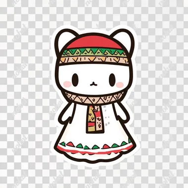 A cute sticker of **Hello Kitty** with a **minimalistic Algerian-inspired outfit**, wearing a simple **white dress with a soft red and green pattern**. She has a small **headscarf** in light colors, with a subtle, traditional touch. Her **iconic bow** is kept but in a soft, matching color. The design is **adorable, clean, and simple**, with **bold, crisp outlines** and **a transparent background**, making it perfect for a sticker. The overall look is playful, with a cultural nod without overwhelming details.