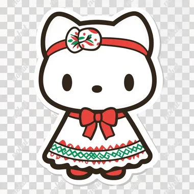 A cute sticker of **Hello Kitty** with a **minimalistic Algerian-inspired outfit**, wearing a simple **white dress with a soft red and green pattern**. She has a small **headscarf** in light colors, with a subtle, traditional touch. Her **iconic bow** is kept but in a soft, matching color. The design is **adorable, clean, and simple**, with **bold, crisp outlines** and **a transparent background**, making it perfect for a sticker. The overall look is playful, with a cultural nod without overwhelming details.