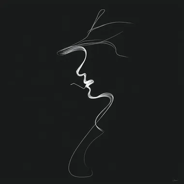 A minimalist, continuous single-line drawing in smooth tapered white ink on a black background. The line begins with an elegant, clean outline of a sharp detectives profile under a tilted fedora, then seamlessly flows to complete the shape with a graceful curve, capturing a sense of sophistication, simplicity, and artistic purity. The entire composition must be ultra-clean, non-overlapping, extremely minimal, with a fluid and natural hand-drawn quality, inspired by abstract minimalism and continuous line art.