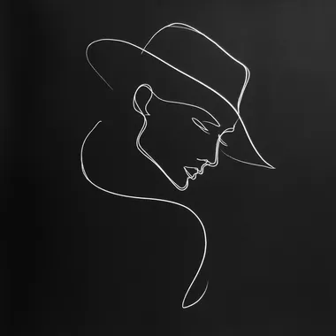 A minimalist, continuous single-line drawing in smooth tapered white ink on a black background. The line begins with an elegant, clean outline of a sharp detectives profile under a tilted fedora, then seamlessly flows to complete the shape with a graceful curve, capturing a sense of sophistication, simplicity, and artistic purity. The entire composition must be ultra-clean, non-overlapping, extremely minimal, with a fluid and natural hand-drawn quality, inspired by abstract minimalism and continuous line art.
