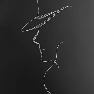 A minimalist, continuous single-line drawing in smooth tapered white ink on a black background. The line begins with an elegant, clean outline of a sharp detectives profile under a tilted fedora, then seamlessly flows to complete the shape with a graceful curve, capturing a sense of sophistication, simplicity, and artistic purity. The entire composition must be ultra-clean, non-overlapping, extremely minimal, with a fluid and natural hand-drawn quality, inspired by abstract minimalism and continuous line art.