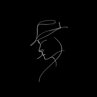 A minimalist, continuous single-line drawing in smooth tapered white ink on a black background. The line begins with an elegant, clean outline of a sharp detectives profile under a tilted fedora, then seamlessly flows to complete the shape with a graceful curve, capturing a sense of sophistication, simplicity, and artistic purity. The entire composition must be ultra-clean, non-overlapping, extremely minimal, with a fluid and natural hand-drawn quality, inspired by abstract minimalism and continuous line art.