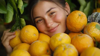 Happy young caucasian woman holding fresh oranges in front of eyes and smiling, Premium quality photo, Realistic detailed, taken with a Canon EOS camera using an 85mm f/2.0 lens to create a soft, mun2228