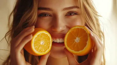 Happy young caucasian woman holding fresh oranges in front of eyes and smiling, Premium quality photo, Realistic detailed, taken with a Canon EOS camera using an 85mm f/2.0 lens to create a soft, mun2228