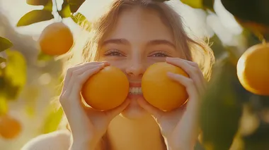 Happy young caucasian woman holding fresh oranges in front of eyes and smiling, Premium quality photo, Realistic detailed, taken with a Canon EOS camera using an 85mm f/2.0 lens to create a soft, mun2228