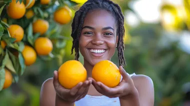 Happy young caucasian woman holding fresh oranges in front of eyes and smiling, Premium quality photo, Realistic detailed, taken with a Canon EOS camera using an 85mm f/2.0 lens to create a soft, mun2228