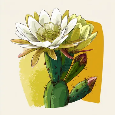 A hand-drawn cartoon-style illustration of a Sri Lankan cactus flower (Kadupul flower), with large funnel-shaped white soft petals, a green flower receptacle with angular shapes and scales. The green stems of the cactus are branching out, and the leaves have degenerated into needle-like shapes. The overall picture has a simple and vivid cartoon art style, bright colors, giving people a fresh and lovely feeling. Minimalist hand-drawn cartoon style