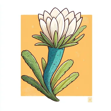 A hand-drawn cartoon-style illustration of a Sri Lankan cactus flower (Kadupul flower), with large funnel-shaped white soft petals, a green flower receptacle with angular shapes and scales. The green stems of the cactus are branching out, and the leaves have degenerated into needle-like shapes. The overall picture has a simple and vivid cartoon art style, bright colors, giving people a fresh and lovely feeling. Minimalist hand-drawn cartoon style