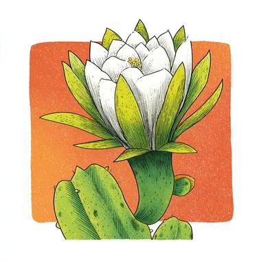 A hand-drawn cartoon-style illustration of a Sri Lankan cactus flower (Kadupul flower), with large funnel-shaped white soft petals, a green flower receptacle with angular shapes and scales. The green stems of the cactus are branching out, and the leaves have degenerated into needle-like shapes. The overall picture has a simple and vivid cartoon art style, bright colors, giving people a fresh and lovely feeling. Minimalist hand-drawn cartoon style
