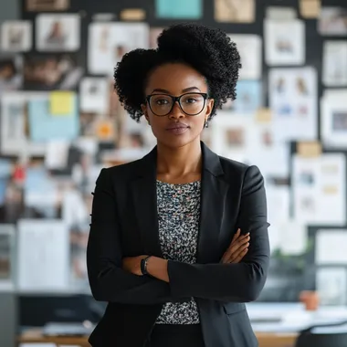Create an image of a black professional casually dressed women in her late 40's in a boardroom setting speaking What you focus on grows.  A vision board is more than just pictures; its a powerful tool to keep your goals front and center. What does your financial future look like? Spend time this week creating or updating your vision board, and watch your dreams manifest into reality. #VisionBoard #Manifestation #WealthCreation