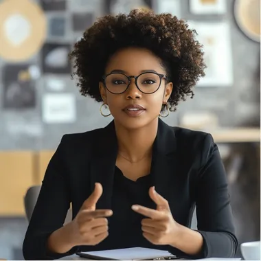 Create an image of a black professional casually dressed women in her late 40's in a boardroom setting speaking What you focus on grows.  A vision board is more than just pictures; its a powerful tool to keep your goals front and center. What does your financial future look like? Spend time this week creating or updating your vision board, and watch your dreams manifest into reality. #VisionBoard #Manifestation #WealthCreation