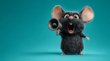 A cute, expressive mouse standing upright, holding a retro-style hand speaker in its paw, as if making an important announcement. The mouses eyes are wide, and its mouth is open mid-shout. The background is a vibrant, clean, and simple color gradient that draws attention to the mouse, with a slight spotlight effect. The image should feel dynamic, fun, and suitable for commercial use as a stock image