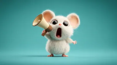 A cute, expressive mouse standing upright, holding a retro-style hand speaker in its paw, as if making an important announcement. The mouses eyes are wide, and its mouth is open mid-shout. The background is a vibrant, clean, and simple color gradient that draws attention to the mouse, with a slight spotlight effect. The image should feel dynamic, fun, and suitable for commercial use as a stock image
