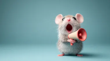 A cute, expressive mouse standing upright, holding a retro-style hand speaker in its paw, as if making an important announcement. The mouses eyes are wide, and its mouth is open mid-shout. The background is a vibrant, clean, and simple color gradient that draws attention to the mouse, with a slight spotlight effect. The image should feel dynamic, fun, and suitable for commercial use as a stock image