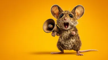 A cute, expressive mouse standing upright, holding a retro-style hand speaker in its paw, as if making an important announcement. The mouses eyes are wide, and its mouth is open mid-shout. The background is a vibrant, clean, and simple color gradient that draws attention to the mouse, with a slight spotlight effect. The image should feel dynamic, fun, and suitable for commercial use as a stock image