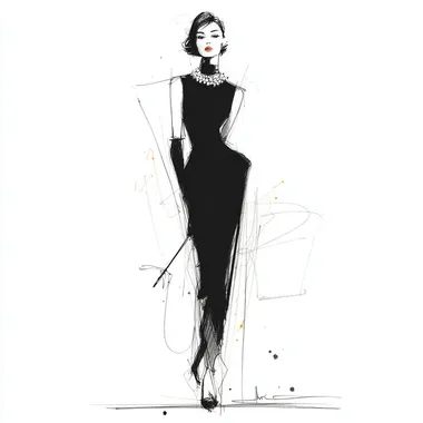 Minimalist single-line full-body sketch, Audrey Hepburn 'Breakfast at Tiffany's' pose: smooth blank face contour, floor-length black dress fishtail line, chignon spiral curve at nape, three pearl arcs, 45-degree angled cigarette holder, black low-heel peep-toe pumps (5cm heel), 0.3mm architectural drafting pen stroke, unbroken continuous line, pure white background, fashion flat drawing precision, no shading/no fill --s 750
