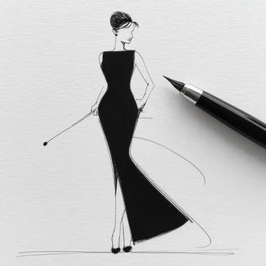 Minimalist single-line full-body sketch, Audrey Hepburn 'Breakfast at Tiffany's' pose: smooth blank face contour, floor-length black dress fishtail line, chignon spiral curve at nape, three pearl arcs, 45-degree angled cigarette holder, black low-heel peep-toe pumps (5cm heel), 0.3mm architectural drafting pen stroke, unbroken continuous line, pure white background, fashion flat drawing precision, no shading/no fill --s 750