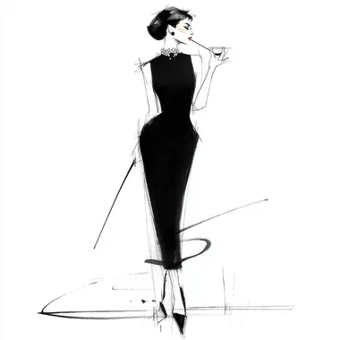 Minimalist single-line full-body sketch, Audrey Hepburn 'Breakfast at Tiffany's' pose: smooth blank face contour, floor-length black dress fishtail line, chignon spiral curve at nape, three pearl arcs, 45-degree angled cigarette holder, black low-heel peep-toe pumps (5cm heel), 0.3mm architectural drafting pen stroke, unbroken continuous line, pure white background, fashion flat drawing precision, no shading/no fill --s 750