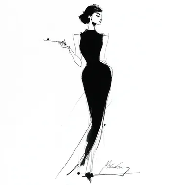 Minimalist single-line full-body sketch, Audrey Hepburn 'Breakfast at Tiffany's' pose: smooth blank face contour, floor-length black dress fishtail line, chignon spiral curve at nape, three pearl arcs, 45-degree angled cigarette holder, black low-heel peep-toe pumps (5cm heel), 0.3mm architectural drafting pen stroke, unbroken continuous line, pure white background, fashion flat drawing precision, no shading/no fill --s 750