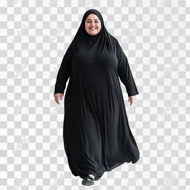 A full-body photograph of an walking adult obesity woman smiling wearing a long balck hijab silk dress, white background
