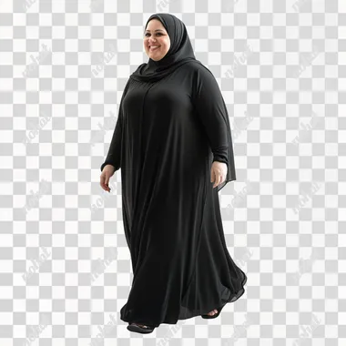 A full-body photograph of an walking adult obesity woman smiling wearing a long balck hijab silk dress, white background