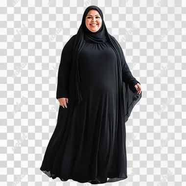 A full-body photograph of an walking adult obesity woman smiling wearing a long balck hijab silk dress, white background