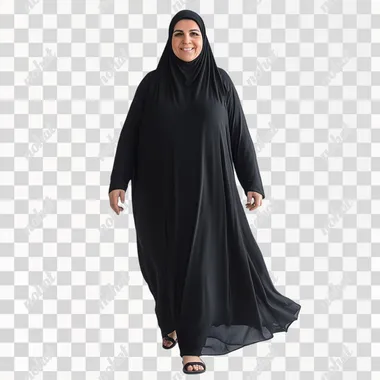 A full-body photograph of an walking adult obesity woman smiling wearing a long balck hijab silk dress, white background