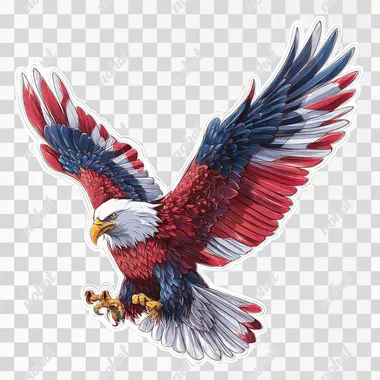 3D vector design of an American bald eagle with spread wings, adorned in red, white, and blue American flag colors. The sticker has bold outlines to emphasize the three-dimensional effect. It is isolated on a flat background, which makes it easy for you to add text or print onto the artwork if needed. White background. Vector illustration.  --raw