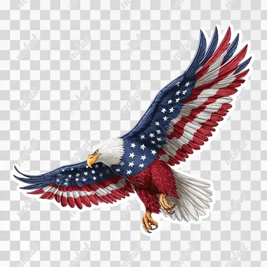 3D vector design of an American bald eagle with spread wings, adorned in red, white, and blue American flag colors. The sticker has bold outlines to emphasize the three-dimensional effect. It is isolated on a flat background, which makes it easy for you to add text or print onto the artwork if needed. White background. Vector illustration.  --raw