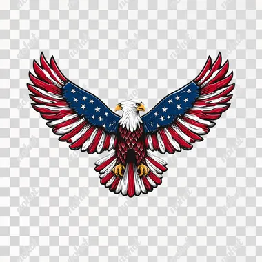 3D vector design of an American bald eagle with spread wings, adorned in red, white, and blue American flag colors. The sticker has bold outlines to emphasize the three-dimensional effect. It is isolated on a flat background, which makes it easy for you to add text or print onto the artwork if needed. White background. Vector illustration.  --raw