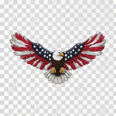 3D vector design of an American bald eagle with spread wings, adorned in red, white, and blue American flag colors. The sticker has bold outlines to emphasize the three-dimensional effect. It is isolated on a flat background, which makes it easy for you to add text or print onto the artwork if needed. White background. Vector illustration.  --raw