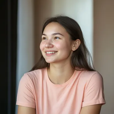 portrait photo of a Kazakh young smiling woman in a coral-colored T-shirt, the girl looks to the side --s 50