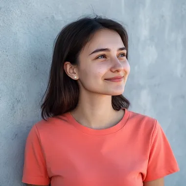 portrait photo of a Kazakh young smiling woman in a coral-colored T-shirt, the girl looks to the side --s 50