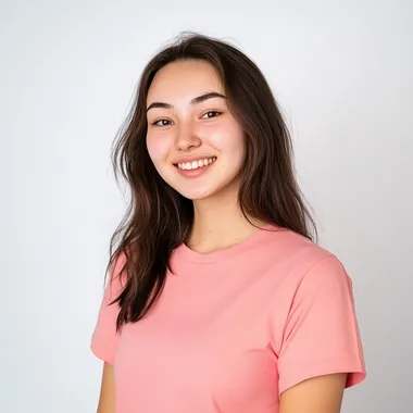 portrait photo of a Kazakh young smiling woman in a coral-colored T-shirt, the girl looks to the side --s 50