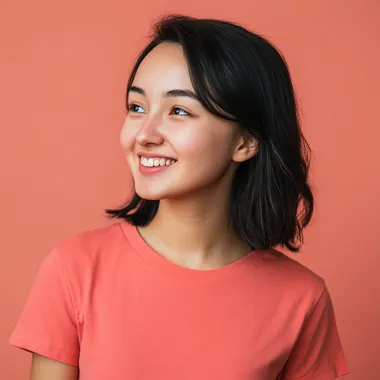portrait photo of a Kazakh young smiling woman in a coral-colored T-shirt, the girl looks to the side --s 50