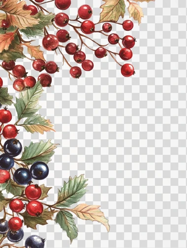 Rustic Berry And Leaf Corner Border On White Background