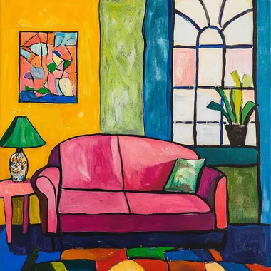 This interior scene painting, with prompts for creation in the style of Matisse, could be: Use the bold and vivid colors of Fauvism, such as a bright pink sofa and a green table lamp, emphasizing the purity and contrast of colors. The lines are simple and smooth, outlining the contours of the indoor objects, abandoning fine realism. The composition focuses on a flat - like effect, weakening the sense of spatial depth to create a relaxed and lively atmosphere. Elements like the decorative paintings and ornaments in the painting are randomly arranged, demonstrating free and expressive artistic characteristics.   --s 50